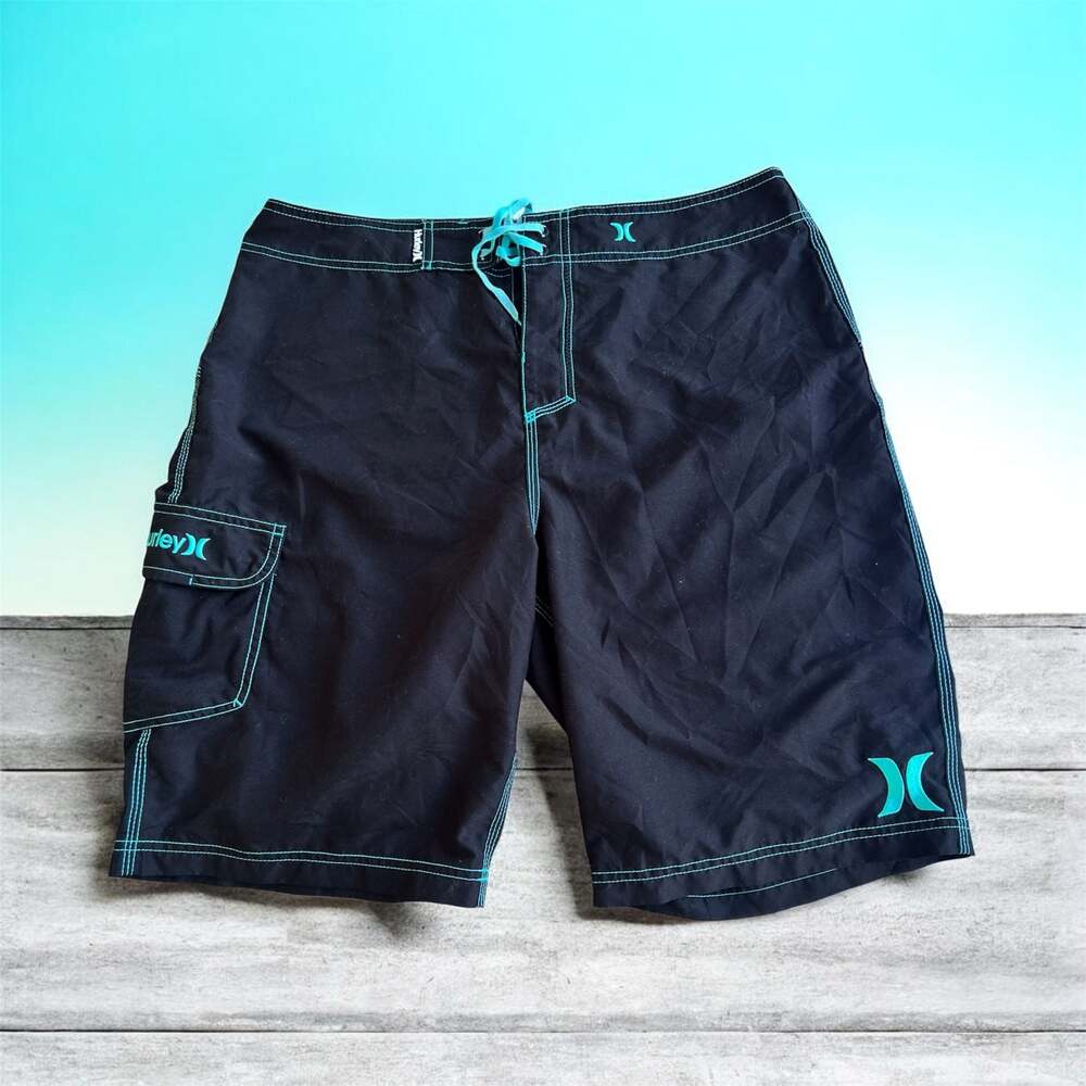 Hurley Men's Boardshorts Swim Trunks Black with Teal Contrast Stitching